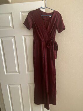 Burgundy Metallic Striped Wrap Jumpsuit Romper XS Tie Waist Wide Leg